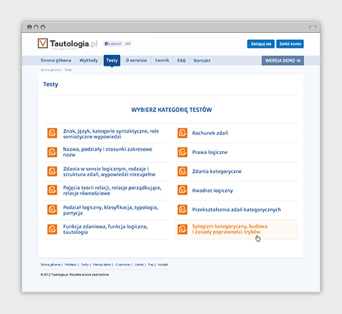 Tautologia.pl - internetowy serwis e-learningowy. Kategorie testów.